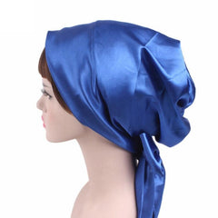 Ladies' Satin Print Turban Hat with Bow - Silk Chemotherapy Night Cap with Long Tail Braid