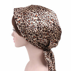 Ladies' Satin Print Turban Hat with Bow - Silk Chemotherapy Night Cap with Long Tail Braid