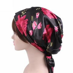 TJM-226 Chapeau turban en satin imprimé pour femme avec nœud en ruban, bonnet de nuit, chapeau de chimiothérapie en soie, chapeau tressé à longue queue