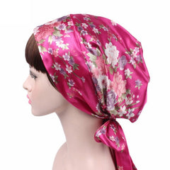 TJM-226 Gorro turbante con lazo de cinta con estampado de satén para mujer, gorro de noche, gorro de seda para quimioterapia, gorro trenzado de cola larga