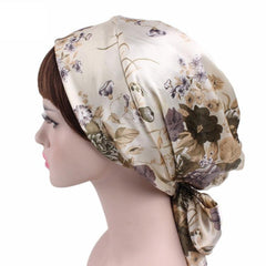 TJM-226 Gorro turbante con lazo de cinta con estampado de satén para mujer, gorro de noche, gorro de seda para quimioterapia, gorro trenzado de cola larga