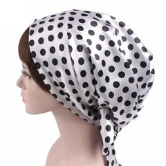 Ladies' Satin Print Turban Hat with Bow - Silk Chemotherapy Night Cap with Long Tail Braid