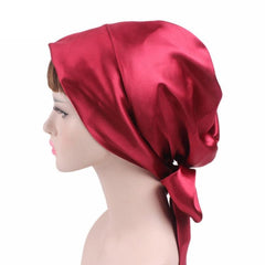 TJM-226 Chapeau turban en satin imprimé pour femme avec nœud en ruban, bonnet de nuit, chapeau de chimiothérapie en soie, chapeau tressé à longue queue