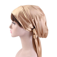 TJM-226 Chapeau turban en satin imprimé pour femme avec nœud en ruban, bonnet de nuit, chapeau de chimiothérapie en soie, chapeau tressé à longue queue