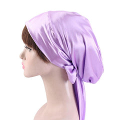 TJM-226 Gorro turbante con lazo de cinta con estampado de satén para mujer, gorro de noche, gorro de seda para quimioterapia, gorro trenzado de cola larga