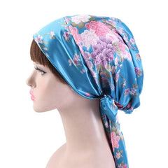 TJM-226 Gorro turbante con lazo de cinta con estampado de satén para mujer, gorro de noche, gorro de seda para quimioterapia, gorro trenzado de cola larga