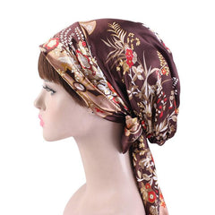 TJM-226 Chapeau turban en satin imprimé pour femme avec nœud en ruban, bonnet de nuit, chapeau de chimiothérapie en soie, chapeau tressé à longue queue