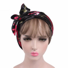 Ladies' Satin Print Turban Hat with Bow - Silk Chemotherapy Night Cap with Long Tail Braid