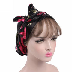 Ladies' Satin Print Turban Hat with Bow - Silk Chemotherapy Night Cap with Long Tail Braid