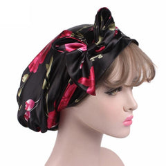 Ladies' Satin Print Turban Hat with Bow - Silk Chemotherapy Night Cap with Long Tail Braid