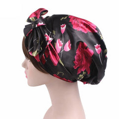 Ladies' Satin Print Turban Hat with Bow - Silk Chemotherapy Night Cap with Long Tail Braid