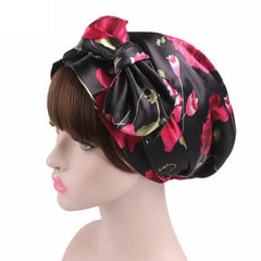 Ladies' Satin Print Turban Hat with Bow - Silk Chemotherapy Night Cap with Long Tail Braid