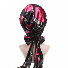 Ladies' Satin Print Turban Hat with Bow - Silk Chemotherapy Night Cap with Long Tail Braid