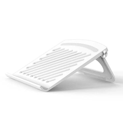 Ergonomic Folding Laptop Stand for Height Adjustment and Cooling, white foldable notebook riser with hollow base and ventilation grooves