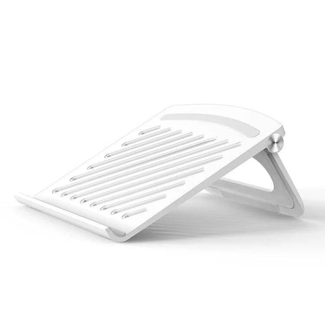 Ergonomic Folding Laptop Stand for Height Adjustment and Cooling, white foldable notebook riser with hollow base and ventilation grooves