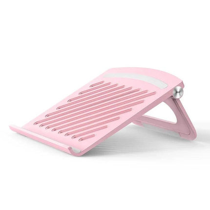 Ergonomic Folding Laptop Stand for Height Adjustment and Cooling in pink, foldable ergonomic stand with hollow base and cooling vents for notebooks up to 17"