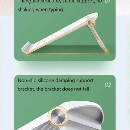Ergonomic Folding Laptop Stand for Height Adjustment and Cooling showing adjustable triangular support and non-slip silicone damping bracket