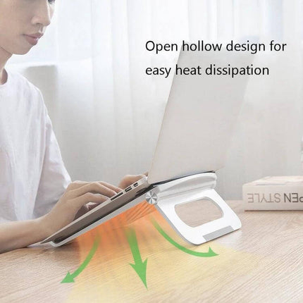 Ergonomic Folding Laptop Stand for Height Adjustment and Cooling showing open hollow design and heat dissipation under a notebook