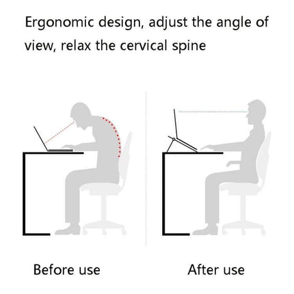 Ergonomic Folding Laptop Stand for Height Adjustment and Cooling shown improving posture and screen angle before and after with cooling hollow base