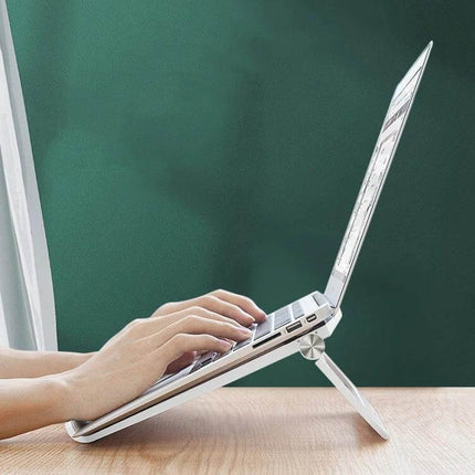 Ergonomic Folding Laptop Stand for Height Adjustment and Cooling propped under 17-inch laptop for better posture and cooling