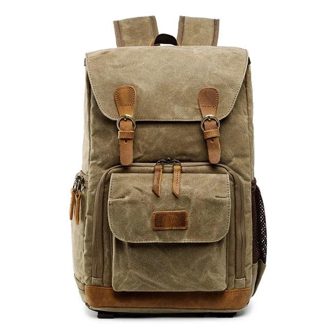 advicho Large Waterproof Camera Backpack for Outdoor Use in khaki canvas with front pockets and leather accents