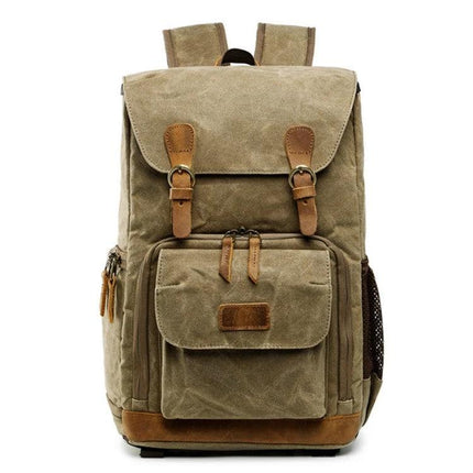 advicho Large Waterproof Camera Backpack for Outdoor Use in khaki canvas showing front pockets and leather straps