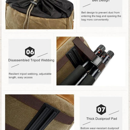advicho Large Waterproof Camera Backpack for Outdoor Use showing belt design, tripod webbing, and thick dustproof pad