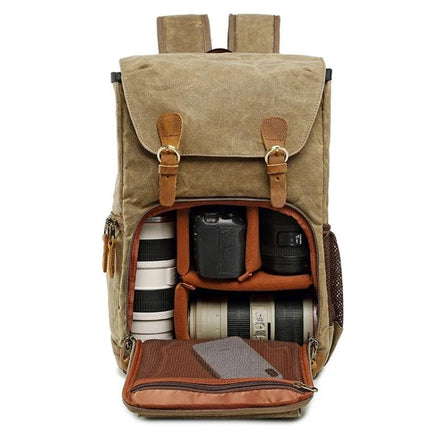 advicho Large Waterproof Camera Backpack for Outdoor Use with organized DSLR, lenses and tripod storage in khaki canvas