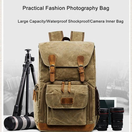 advicho Large Waterproof Camera Backpack for Outdoor Use in khaki canvas with tripod, DSLR, lenses and accessories