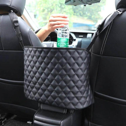 Car Storage Net Pocket Between Seats for Organizing Small Essentials - leather between-seats organizer holding water bottle, snacks