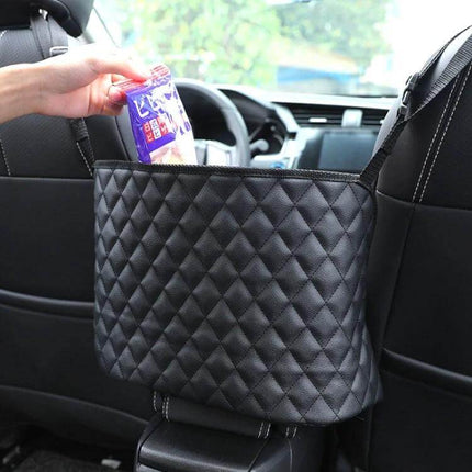 Car Storage Net Pocket Between Seats for Organizing Small Essentials - leather quilted between-seat organizer holding snacks and drinks