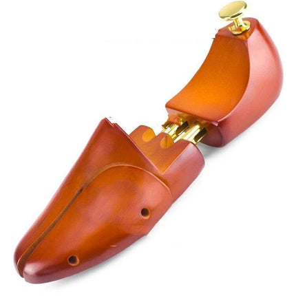 Solid Wood Retractable Shoe Last For Everyday Shoe Care Sizes 37-46 - pair of polished wooden shoe lasts with brass retractable mechanism