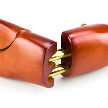 Solid Wood Retractable Shoe Last For Everyday Shoe Care Sizes 37-46 pair showing wooden toe and brass retractable mechanism