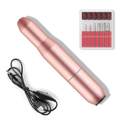 Usb Nail Polisher Portable Pen Type For At-Home Manicures USB pen device with sanding heads, USB cable and travel bag — compact rose gold manicure kit