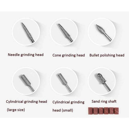 Usb Nail Polisher Portable Pen Type For At-Home Manicures kit showing six grinding heads, sand ring shaft and sanding bands for at-home manicure use