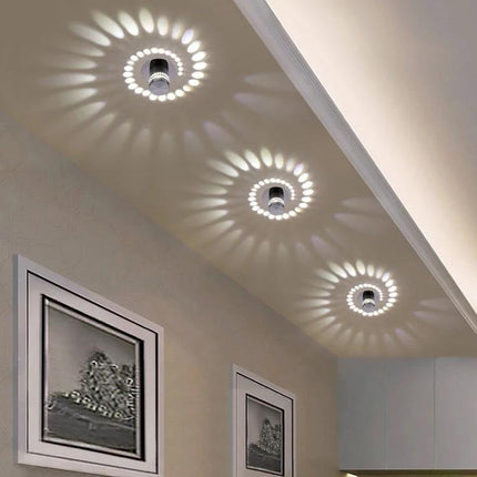 Creative Spiral Wall Lamp for Home Corridors and Decor LED ceiling lights creating decorative spiral light patterns in a modern hallway, 55mm compact design
