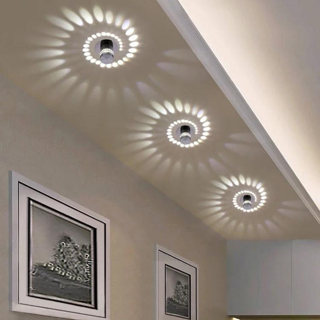 Creative Spiral Wall Lamp for Home Corridors and Decor LED ceiling lights creating decorative spiral light patterns in a modern hallway, 55mm compact design