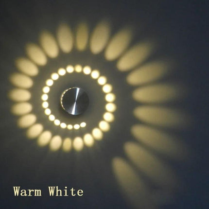 Creative Spiral Wall Lamp for Home Corridors and Decor casting warm white spiral LED pattern on wall, compact 55mm, ideal for corridors and bathrooms