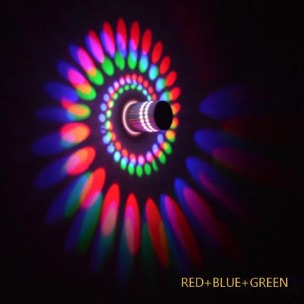 Creative Spiral Wall Lamp for Home Corridors and Decor showcasing multicolor red blue green spiral LED pattern projected on wall, compact 55mm design