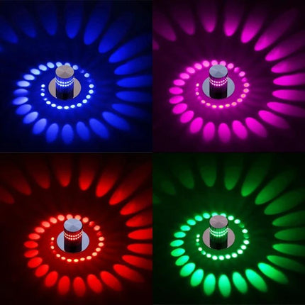 Creative Spiral Wall Lamp for Home Corridors and Decor showcasing multicolor LED spiral lighting effect in blue, pink, red and green, compact 55mm design
