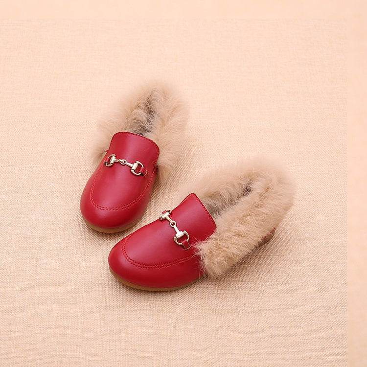 PU Leather And Cashmere Warm Single Shoes Casual For Girls