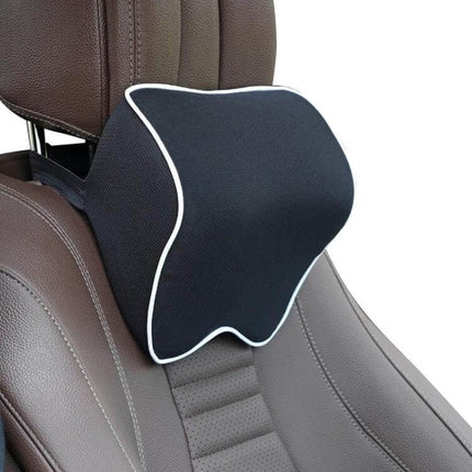 Memory Foam Car Neck Pillow For Long Drives Universal Fit shown attached to a brown leather car seat providing ergonomic neck support