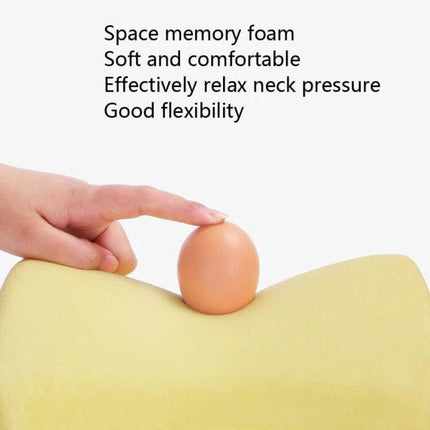 Memory Foam Car Neck Pillow For Long Drives Universal Fit - yellow memory foam neck cushion showing egg test and hand to demonstrate softness and flexibility