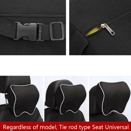 Memory Foam Car Neck Pillow For Long Drives Universal Fit black memory foam neck pillow on car seats with buckle strap and zipper detail