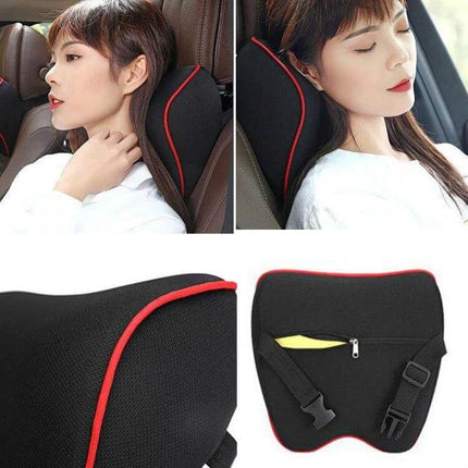 Memory Foam Car Neck Pillow For Long Drives Universal Fit - black memory foam neck support with red trim shown in car seat, adjustable straps