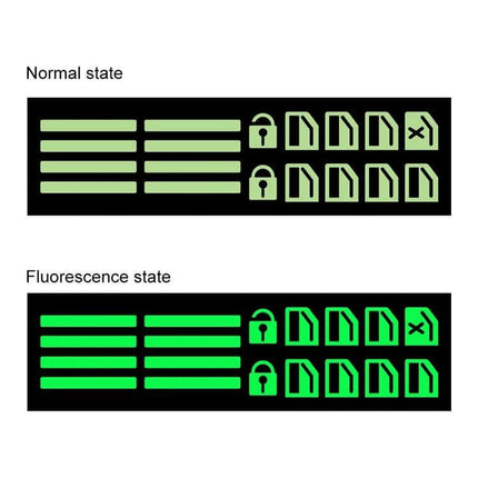 Luminous Car Window Switch Sticker for Nighttime Use showing normal and fluorescence states for car window control icons and lock indicators