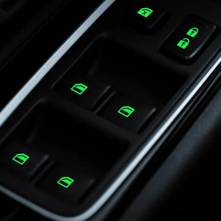 Luminous Car Window Switch Sticker for Nighttime Use glowing green paper stickers on car window control panel for visibility in dark