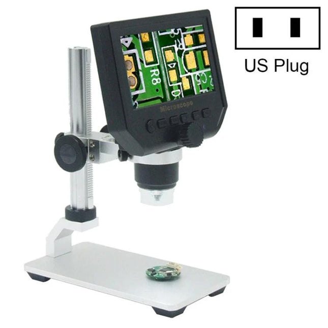 Handheld Digital Microscope for Electronics Repair and Testing - handheld unit with built-in display showing circuit board inspection on adjustable stand