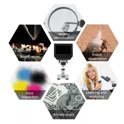 Handheld Digital Microscope for Electronics Repair and Testing with built-in display showing board repair, jewelry, insect observation and student learning