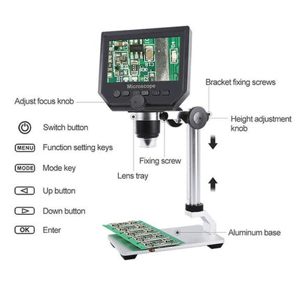 Handheld Digital Microscope for Electronics Repair and Testing with built-in display showing circuit board and adjustable stand